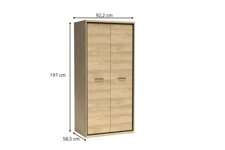 Dwudrzwiowa szafa z jasnego dębu z czarnymi uchwytami, wymiary: wys. 197 cm, szer. 92,2 cm, gł. 58,5 cm