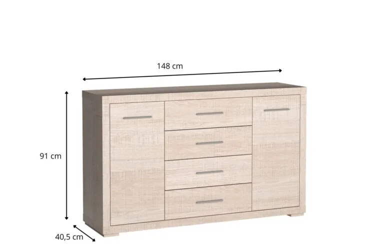 Jasna komoda z dwoma drzwiami i czterema szufladami, wymiary 148 × 91 × 40,5 cm