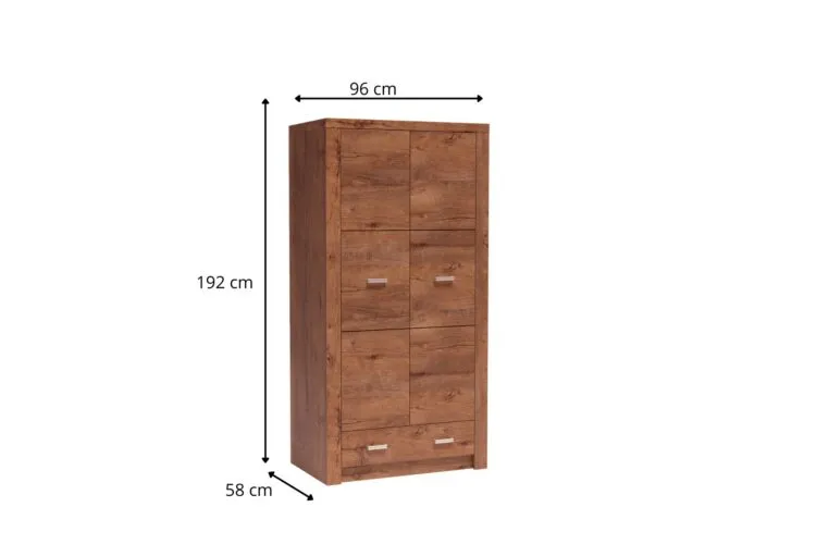 Wysoka brązowa szafa z drewnianym wzorem i metalowymi uchwytami, wymiary 192 cm × 96 cm × 58 cm