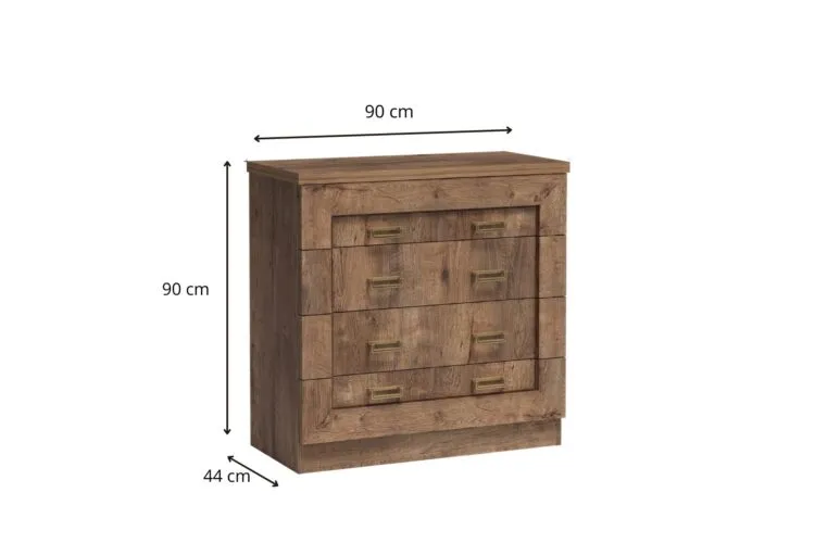 Komoda z czterema szufladami w rustykalnym brązowym drewnie, wymiary 90×90×44 cm