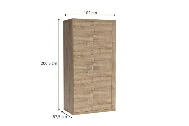 Dwudrzwiowa szafa w dębowym dekorze, wymiary 102 × 200,5 × 57,5 cm