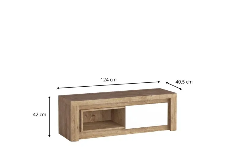 Niski drewniany stolik RTV z otwartą półką i białym frontem, wymiary 124 × 40,5 × 42 cm