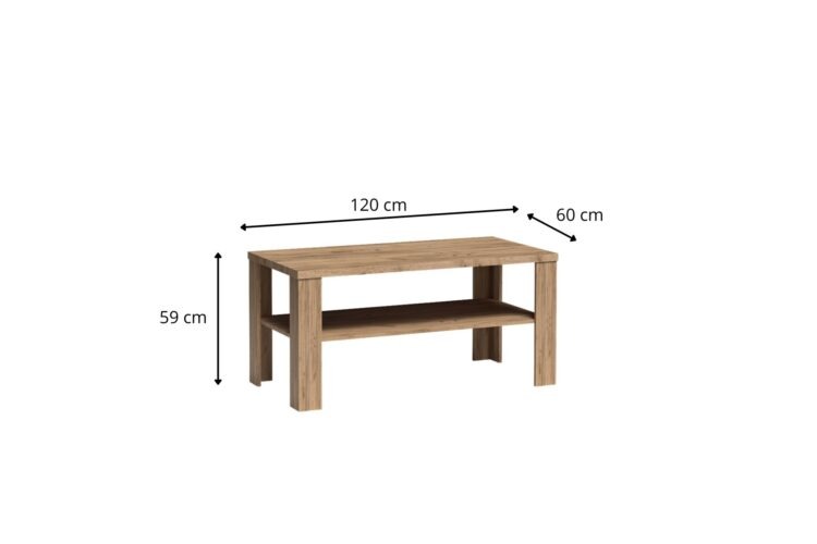 Stolik kawowy z drewnianym blatem i półką, wymiary 120 x 60 x 59 cm