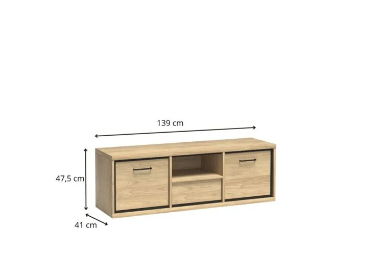 Szafka RTV w jasnym dębowym kolorze z dwojgiem drzwiczek, środkową półką i szufladą, wymiary 139 × 47,5 × 41 cm