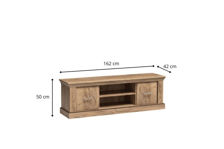 Drewniana szafka RTV z dwiema drzwiczkami i półkami, wymiary 162×42×50 cm