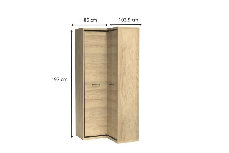 Szafa narożna z jasnego drewna w kształcie litery L, wysokość 197 cm, boki 85 cm i 102,5 cm