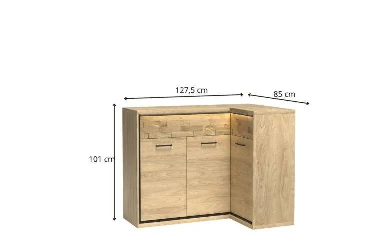 Narożna komoda dębowa w kształcie L z drzwiczkami i szufladami, wymiary 127,5×85×101 cm