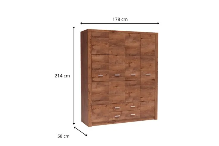 Duża brązowa szafa z wieloma drzwiami i szufladami, wymiary: szer. 178 cm × wys. 214 cm × gł. 58 cm
