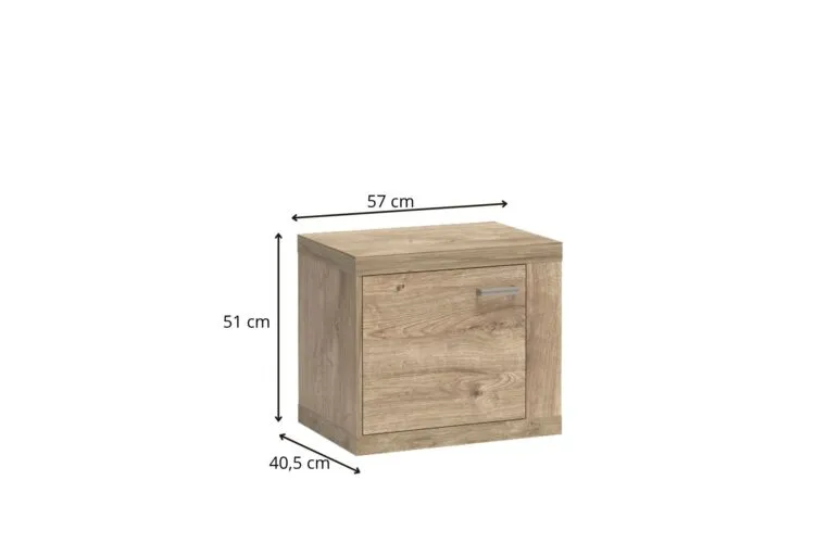 Niska szafka nocna w kolorze dębu z jednymi drzwiami i metalowym uchwytem, wymiary 57 × 51 × 40,5 cm