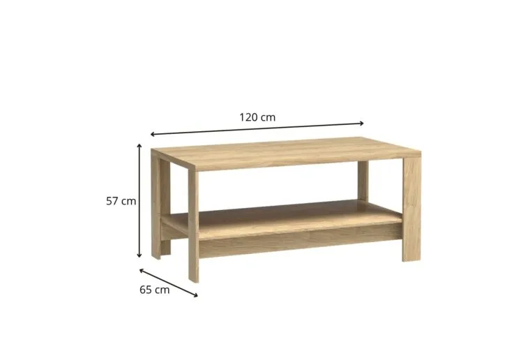 Stolik kawowy z jasnego drewna z dolną półką, wymiary 120×65×57 cm