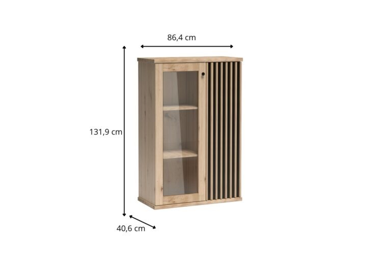Drewniana szafka witrynowa z przeszklonymi półkami po lewej i pionowymi listwami po prawej, wymiary 86,4×131,9×40,6 cm