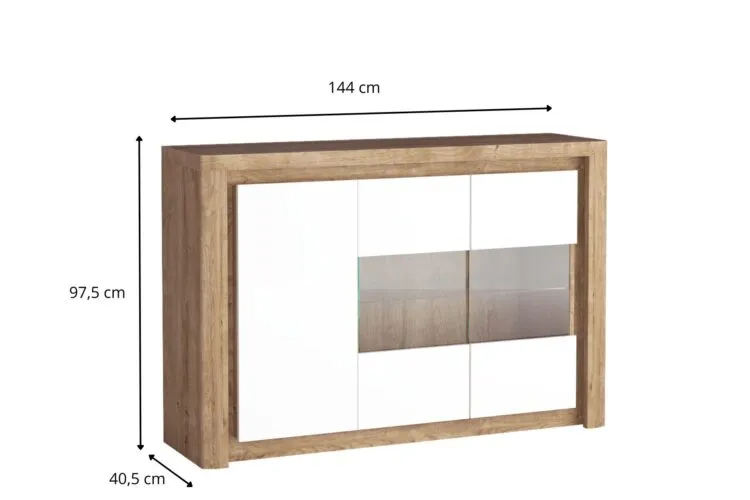 Komoda z drewnianą ramą i białymi frontami ze szklanym panelem, wymiary 144 × 97,5 × 40,5 cm