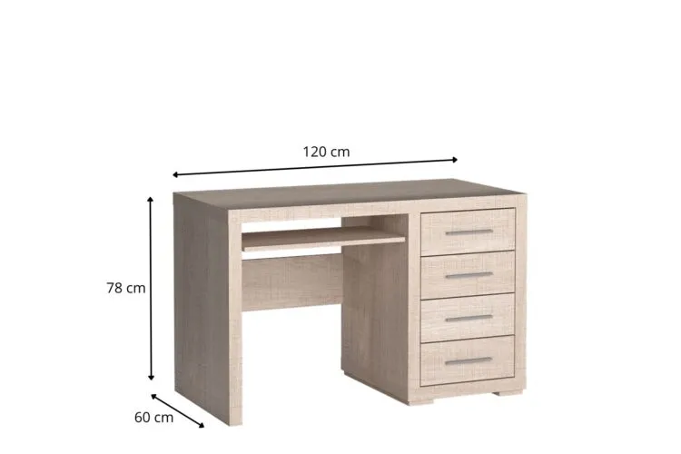 Jasne drewniane biurko z czterema szufladami po prawej i wysuwaną półką na klawiaturę, szer. 120 cm, gł. 60 cm, wys. 78 cm