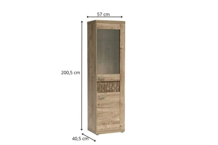 Wysoka wąska szafka z efektem drewna, przeszklonym górnym frontem i zamkniętą dolną częścią, wymiary 200,5×57×40,5 cm