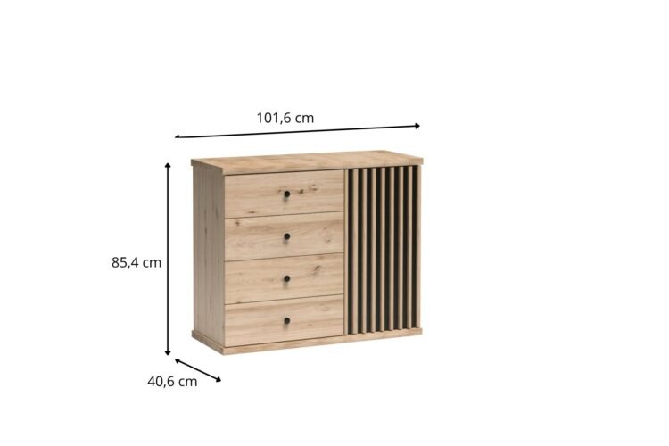 Jasna drewniana komoda z czterema szufladami po lewej i ażurową przegrodą z pionowych listew po prawej, wymiary 101,6×85,4×40,6 cm