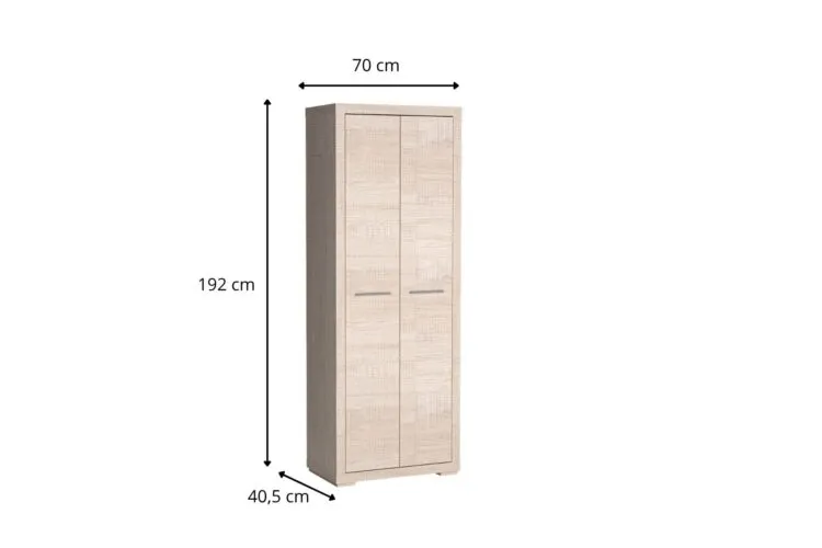 Szafa dwudrzwiowa z jasnego drewna, wymiary: 192 cm wysokości, 70 cm szerokości, 40,5 cm głębokości