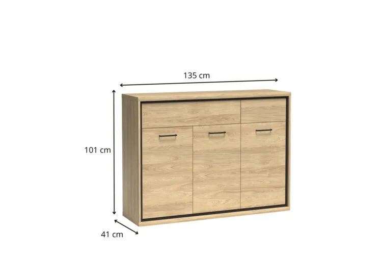 Komoda z jasnego drewna z trzema drzwiami i trzema szufladami, wymiary 135×101×41 cm