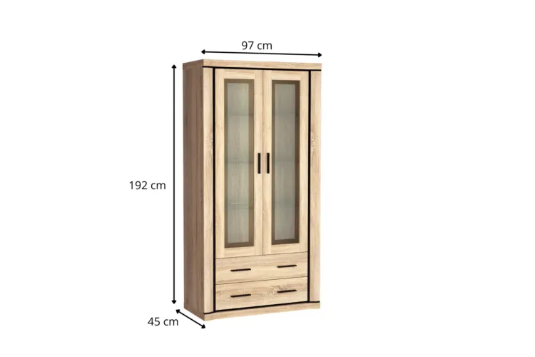Szafka-witryna z jasnego drewna z dwoma szklanymi drzwiami i dwiema szufladami, szer. 97 cm, wys. 192 cm, gł. 45 cm