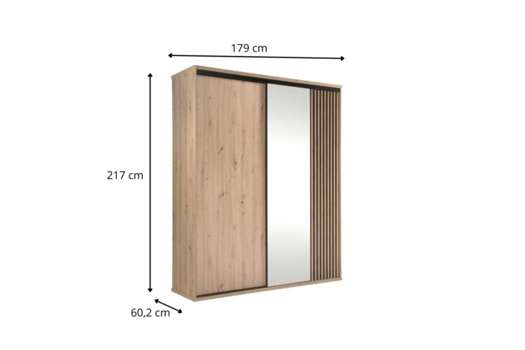 Szafa przesuwna w kolorze dąb z lustrem i pionowymi listwami, wymiary 179 × 217 × 60,2 cm