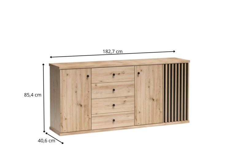 Drewniana komoda z pięcioma szufladami, dwoma drzwiami i pionowym ażurowym panelem, wymiary 182,7×85,4×40,6 cm