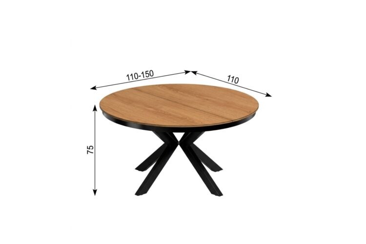 Okrągły rozkładany stół z drewnianym blatem i czarną metalową podstawą, średnica 110–150 cm, wysokość 75 cm