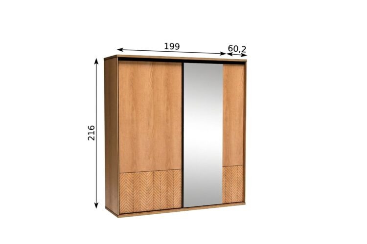 Szafa przesuwna z lustrem i drewnianymi drzwiami, wymiary 199 × 216 × 60,2 cm