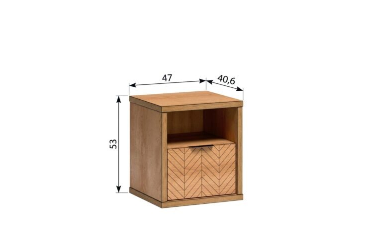 Drewniany stolik nocny z otwartą półką i szufladą z jodełkowym wzorem, wymiary 47 × 40,6 × 53 cm