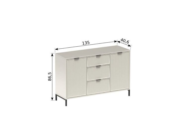 Biała komoda na czarnych nóżkach z trzema szufladami i dwoma drzwiami, wymiary 135 × 40,6 × 86,5 cm