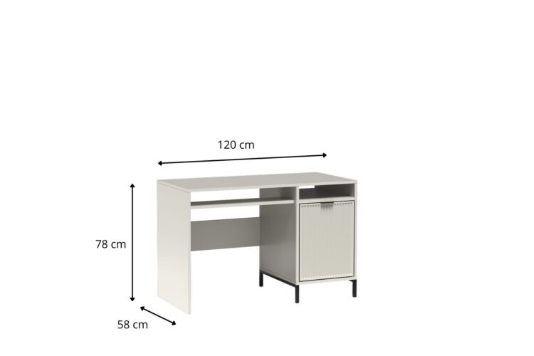 Białe biurko z półką na klawiaturę i zamykaną szafką po prawej, wymiary 120×58×78 cm