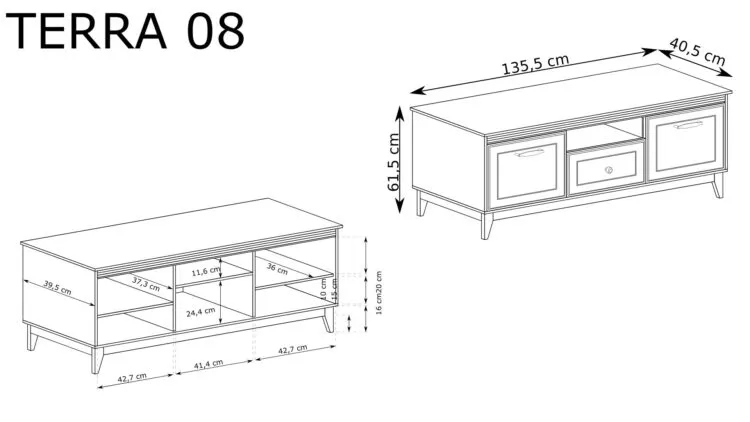 Rysunek techniczny stolika RTV TERRA 08 z wymiarami 135,5×40,5×61,5 cm, dwiema drzwiczkami, środkową półką i szufladą