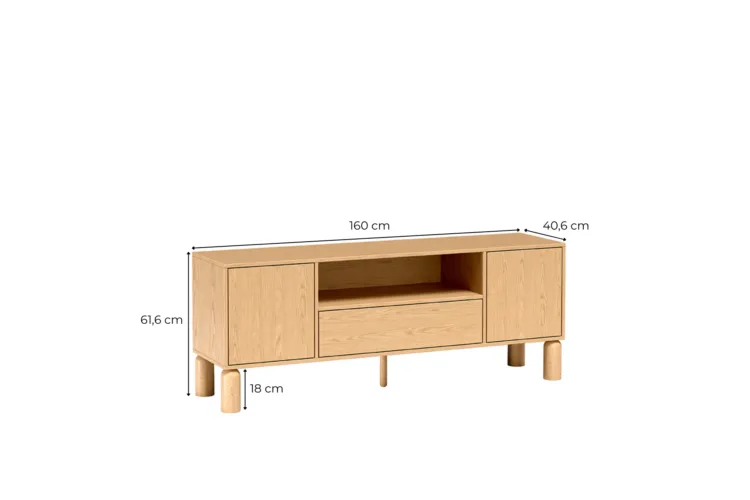 Szafka RTV z jasnego drewna z dwiema drzwiczkami, półką i szufladą, wymiary 160 × 40,6 × 61,6 cm