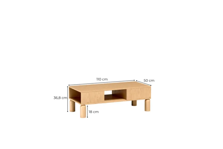 Drewniany niski stolik kawowy z otwartą półką i cylindrycznymi nogami, wymiary 110×50×36,8 cm