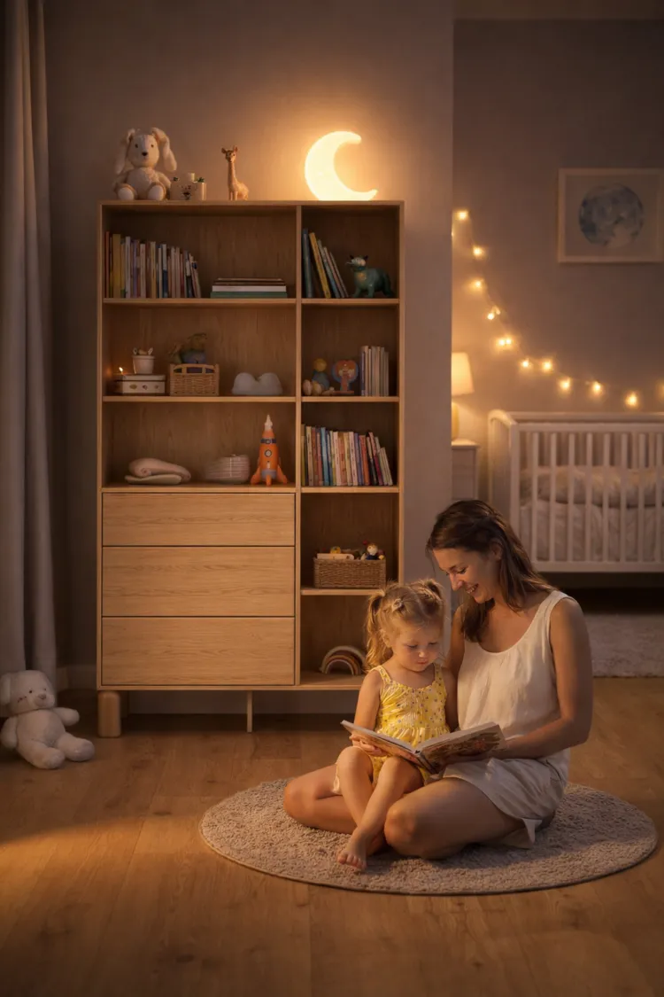 Mama czyta córeczce książkę na dywanie w przytulnym wieczornym pokoju dziecięcym z półką i lampką w kształcie księżyca