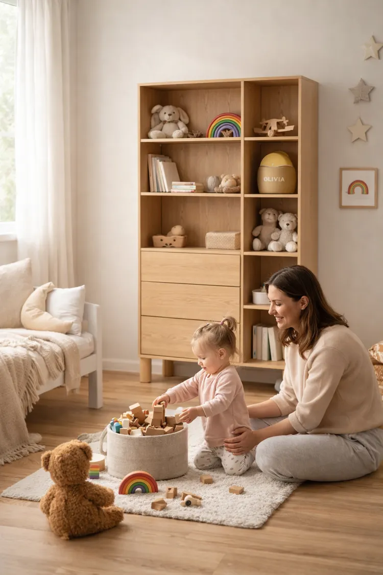 Mama i małe dziecko bawią się drewnianymi klockami na dywanie w przytulnym pokoju dziecięcym.