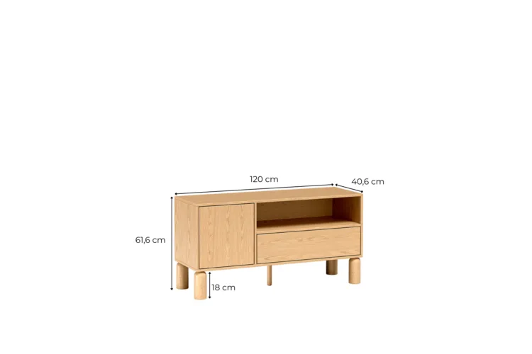 Drewniana szafka RTV z drzwiczkami, otwartą półką i szufladą, wymiary 120 × 40,6 × 61,6 cm