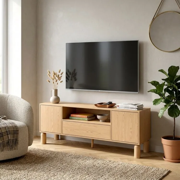 Salon z wiszącym telewizorem, drewnianą szafką RTV, fotelem i rośliną doniczkową