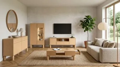 Minimalistyczny salon w neutralnych kolorach z drewnianymi meblami, kanapą, telewizorem i dużą rośliną przy oknie