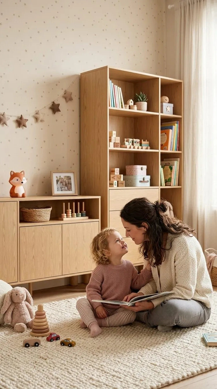 Mama czytająca książkę dziecku na dywanie w przytulnym pokoju dziecięcym z półkami i zabawkami