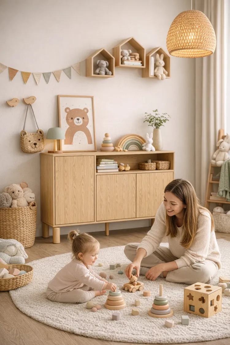 Mama i dziecko bawią się drewnianymi zabawkami na okrągłym dywanie w jasnym pokoju dziecięcym